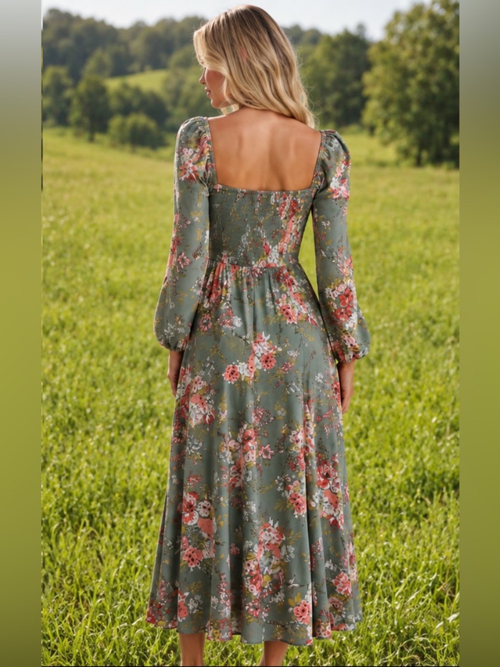 Boho floral cottage core garden party long sleeve maxi dress with slit - Picture 2 of 8
